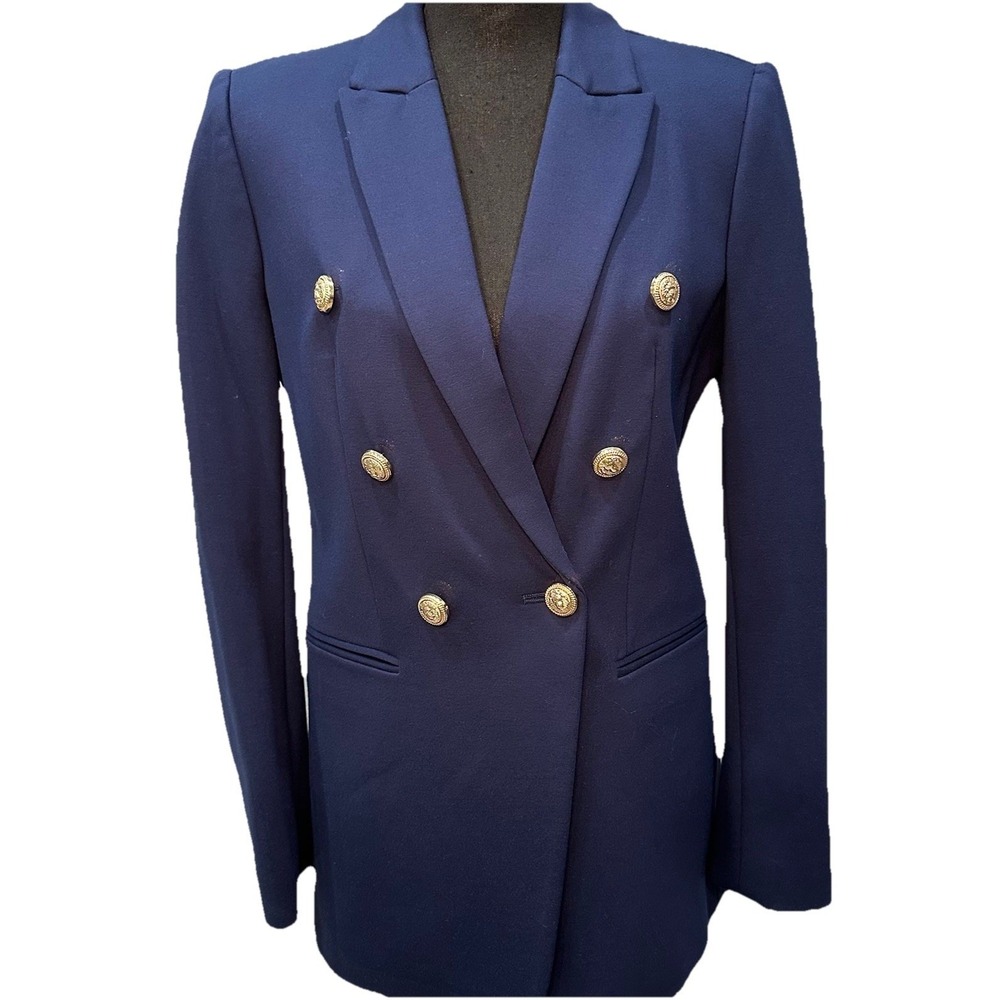 Tahari Double Breasted Blazer Women's Size 6 Navy Blue Gold Buttons Fully Lined